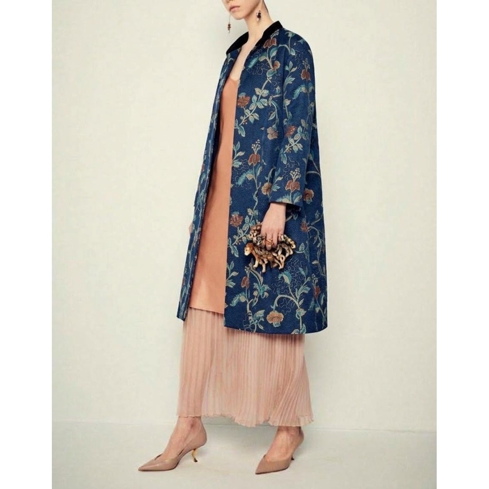 Curations Navy Floral Jacquard Duster Coat Velvet Collar 1X Blue Topper